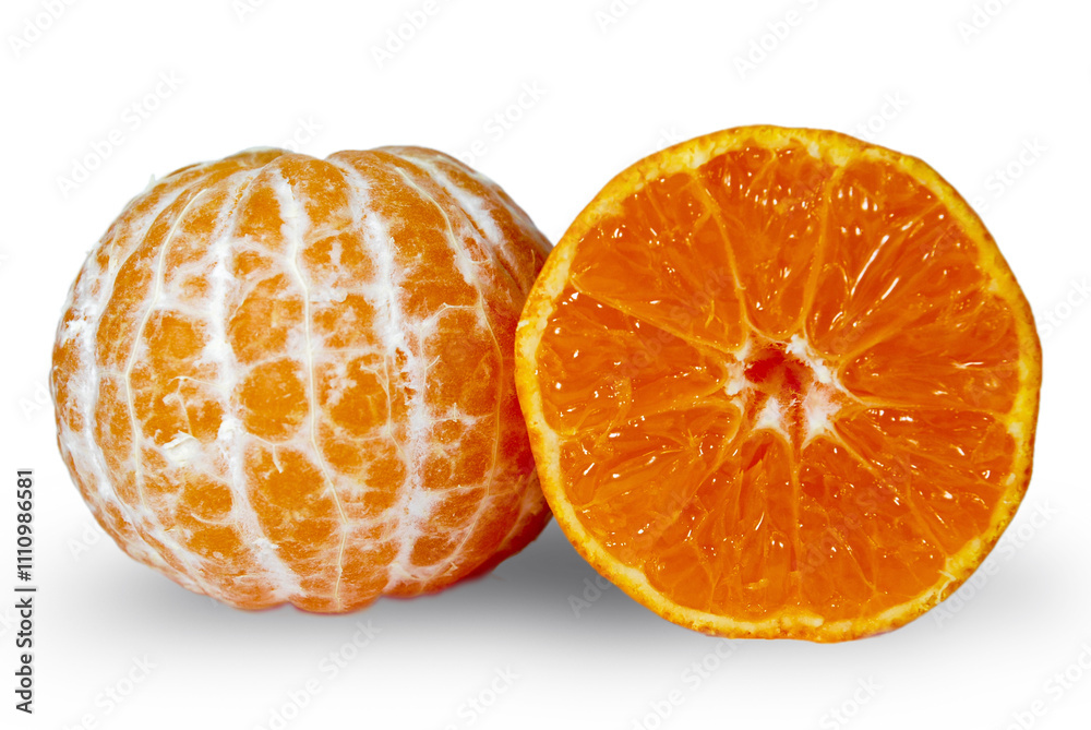 whole peeled tangerine and half of a tangerine cut in half on a white background whole peeled tangerine and half of a tangerine cut in half on a white background