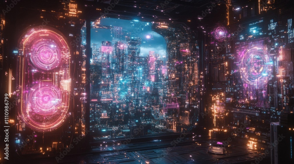 Fototapeta premium Futuristic cityscape viewed through a window in a neon-lit metallic chamber
