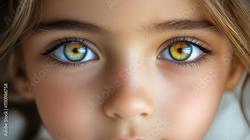 Unique close-up of a child's strikingly beautiful eyes revealing a mix of vibrant colors in natural light while displaying a calm and serene expression photo