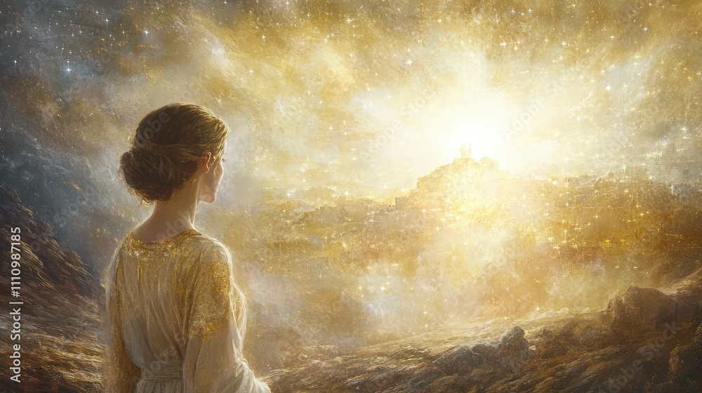 Naklejka premium Ethereal Woman Gazing at a Glowing Cityscape Under a Shimmering Cosmic Sky, Surrounded by Stars and Radiant Light in a Dreamlike Landscape