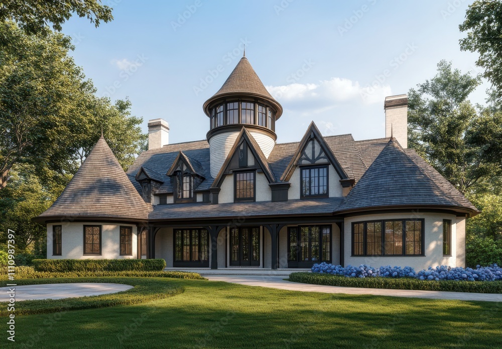 Beautiful Victorian Style House with Tower and Green Landscape, Bright Sunny Day, Architectural Design, Cozy Atmosphere, Perfect for Family Living and Outdoor Activities Beautiful Victorian Style House with Tower and Green Landscape, Bright Sunny Day, Architectural Design, Cozy Atmosphere, Perfect for Family Living and Outdoor Activities