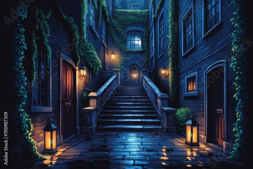 Hidden Courtyard with Lanterns and Ivy at Night 