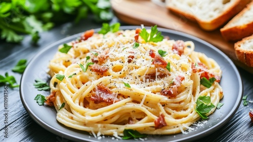 Photo of, A delightful plate of spaghetti carbonara with crispy pancetta, eggs