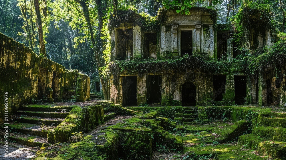 Enigmatic Ancient Ruins Hidden in Dense Jungle Overgrown with Lush Greenery and Sunlight Creating an Atmosphere of Mystery and Nature's Beauty Enigmatic Ancient Ruins Hidden in Dense Jungle Overgrown with Lush Greenery and Sunlight Creating an Atmosphere of Mystery and Nature's Beauty