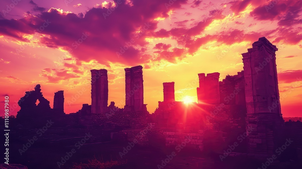 Majestic Ruins at Sunset: Vibrant Clouds and Silhouetted Columns Create a Breathtaking Scene of Ancient History and Natural Beauty in Twilight Glow