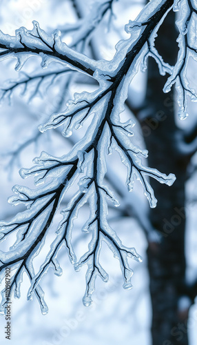 Snow covered frosted tree branches, winter seasonal environment