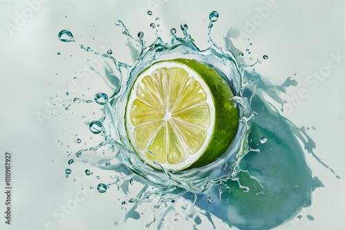 close up of a lime and water splash on white background
