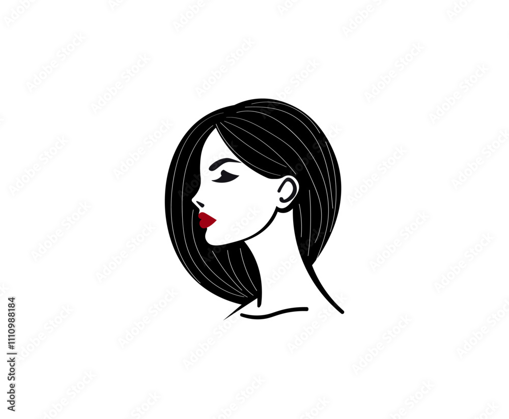 Vector illustration of black and white silhouette of a girl's face with curls and red lips Vector illustration of black and white silhouette of a girl's face with curls and red lips