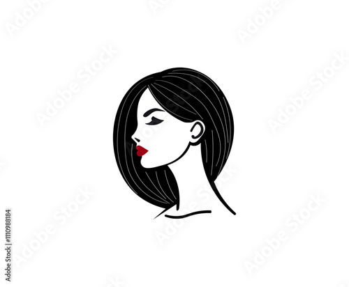 Vector illustration of black and white silhouette of a girl's face with curls and red lips