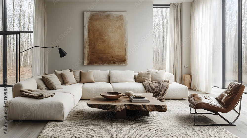 Fototapeta premium Bright and cozy room with a large, comfortable sofa, natural wood coffee table, and soft, warm-toned decor. Scandinavian home interior design of modern living room. 