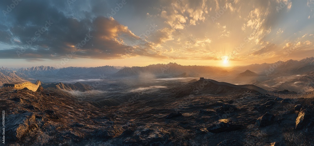 Breathtaking Sunrise Over Mountainous Landscape with Vibrant Clouds and Solitary Ruins Amidst Rocky Terrain in a Picturesque Panoramic View Breathtaking Sunrise Over Mountainous Landscape with Vibrant Clouds and Solitary Ruins Amidst Rocky Terrain in a Picturesque Panoramic View