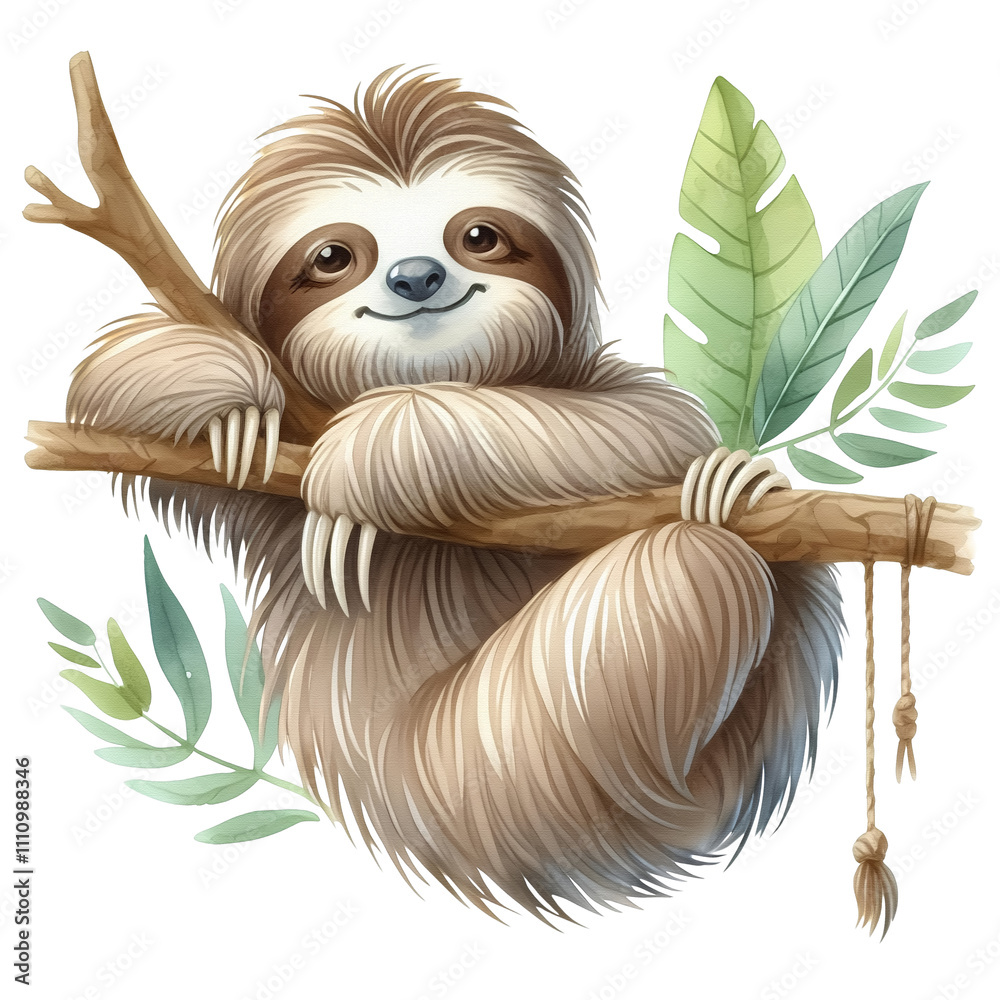 Obraz premium sloth watercolor painting sloth hanging on a branch png clipart cutout transparent isolated