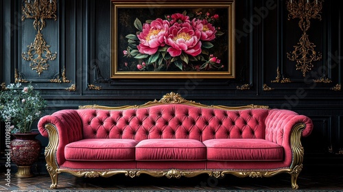 Here's a possible  and keyword list for your stock photo.. Luxurious crimson velvet sofa in ornate room. photo