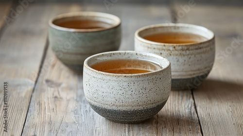 Three Handmade Ceramic Cups with Warm Beverage on Rustic Wooden Surface, Capturing the Essence of Cozy Moments and Natural Aesthetics in a Minimalist Setting