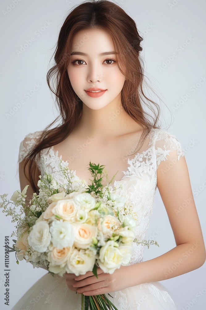 Beautiful young woman in wedding dress holding bouquet on white background Beautiful young woman in wedding dress holding bouquet on white background