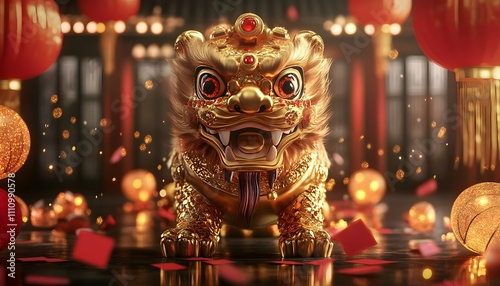 A majestic golden lion statue adorned with vibrant decorations