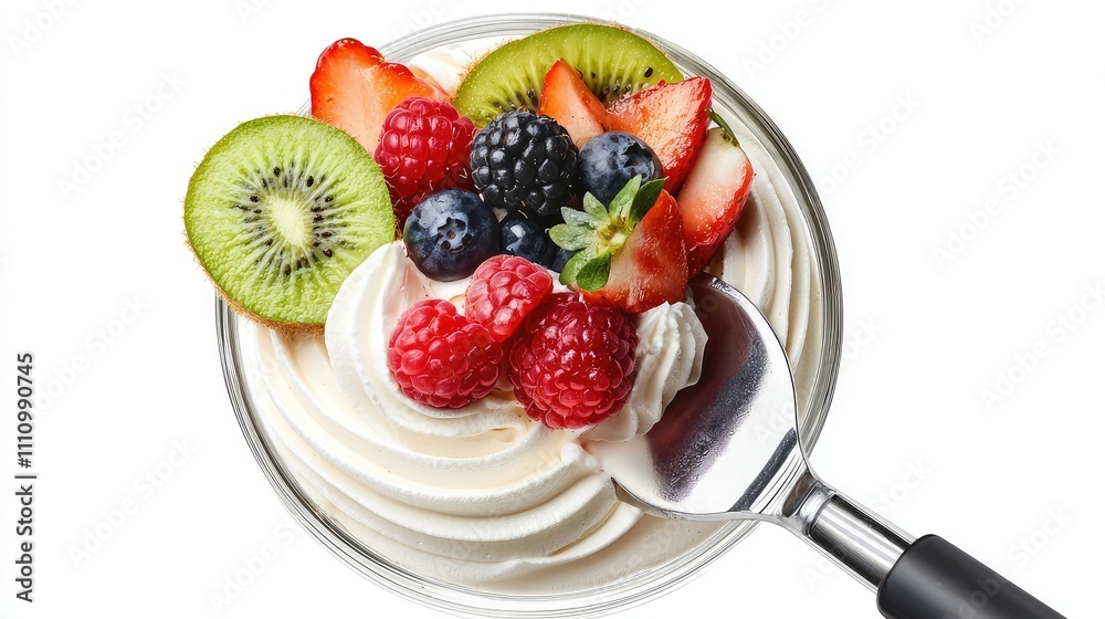 Delicious and Colorful Fruit Topped Dessert with Creamy Swirl and Fresh Berries in a Clear Bowl with a Silver Spoon Delicious and Colorful Fruit Topped Dessert with Creamy Swirl and Fresh Berries in a Clear Bowl with a Silver Spoon