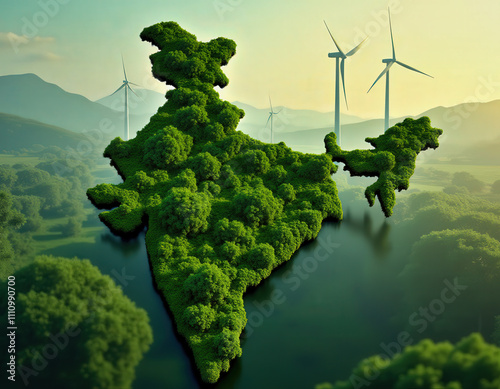 A creative representation of India filled with dense green foliage, set against a backdrop of wind turbines, symbolizing environmental sustainability and renewable energy.