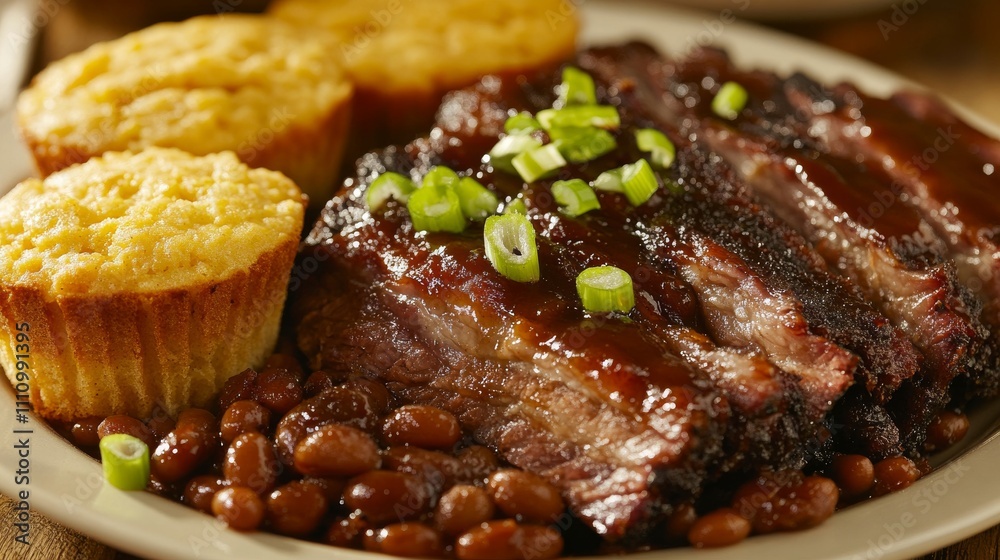 Photo of, A mouthwatering plate of barbecue brisket served with baked beans and cornbread muffins, Brisket plate centered Photo of, A mouthwatering plate of barbecue brisket served with baked beans and cornbread muffins, Brisket plate centered