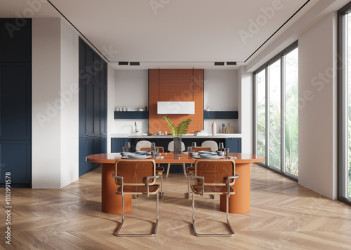 Wallpaper Mural Modern dining area with orange table and soft natural lighting. 3D Rendering Torontodigital.ca