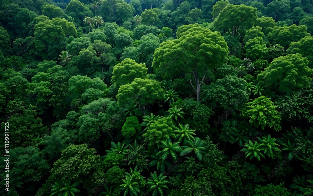 Fototapeta premium Vibrant dense tropical rainforest canopy with lush green foliage and varied tree textures, concept for environmental conservation, ecosystem preservation and sustainable tourism