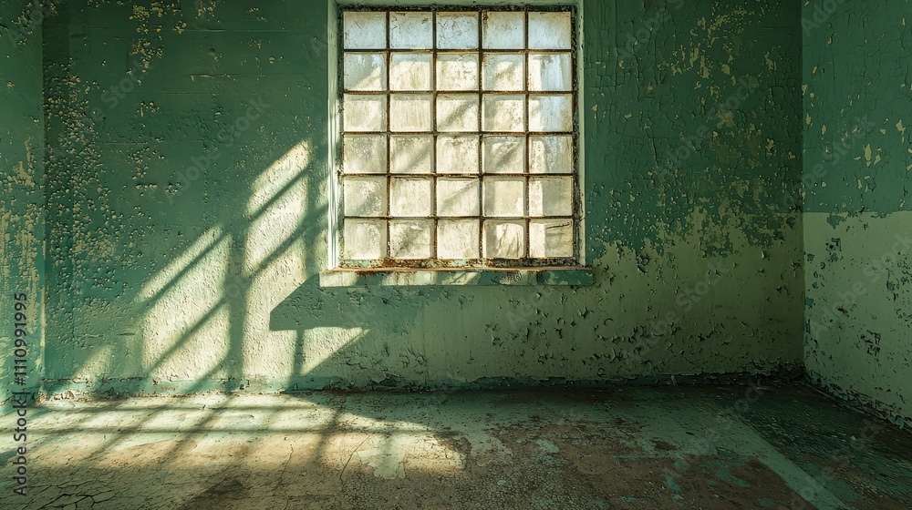 Abandoned Green Room with Textured Walls and Sunlight Streaming Through a Large Window Casting Shadows on the Floor Abandoned Green Room with Textured Walls and Sunlight Streaming Through a Large Window Casting Shadows on the Floor