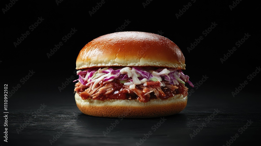 Delicious Pulled Pork Sandwich with Coleslaw and BBQ Sauce on a Soft Bun Against a Dark Background Delicious Pulled Pork Sandwich with Coleslaw and BBQ Sauce on a Soft Bun Against a Dark Background