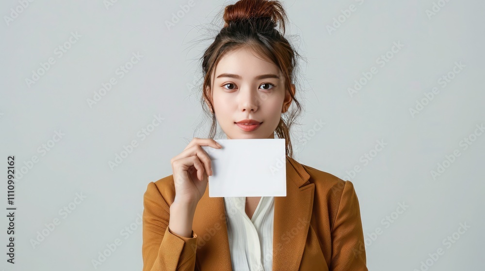 A woman dressed in a business outfit, holding a blank ad card in front of her, against a seamless white backdrop A woman dressed in a business outfit, holding a blank ad card in front of her, against a seamless white backdrop