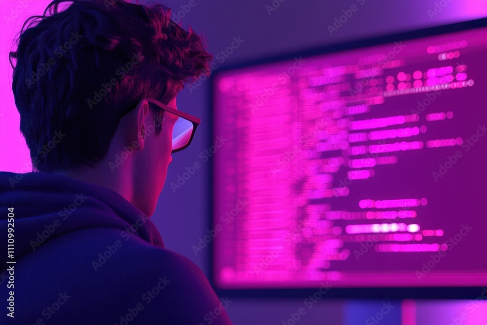 software engineer working on code in modern, vibrant workspace. screen displays colorful programming text, creating dynamic atmosphere software engineer working on code in modern, vibrant workspace. screen displays colorful programming text, creating dynamic atmosphere