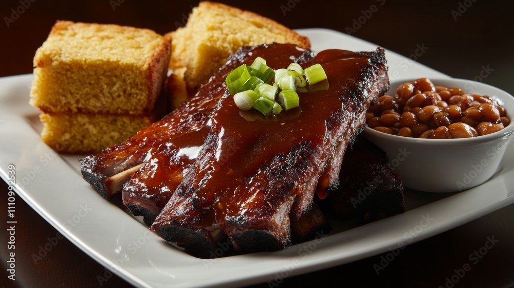 Photo of, A mouthwatering plate of barbecue ribs glazed with a smoky sauce, served with cornbread and coleslaw Photo of, A mouthwatering plate of barbecue ribs glazed with a smoky sauce, served with cornbread and coleslaw
