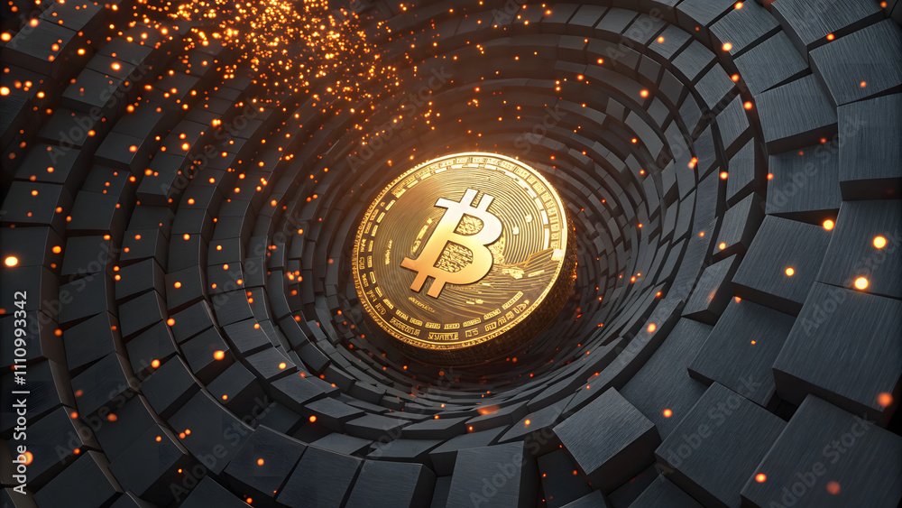 Obraz premium A Bitcoin coin is depicted in the middle of a circular arrangement of tiles, with sparks, highlighting the central role of Bitcoin in the digital currency world