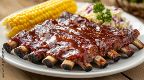 Photo of, A mouthwatering plate of barbecue ribs glazed with tangy sauce and served with coleslaw and cornbread, Barbecue ribs arranged on a wooden platter with barbecue sauce drizzled on top