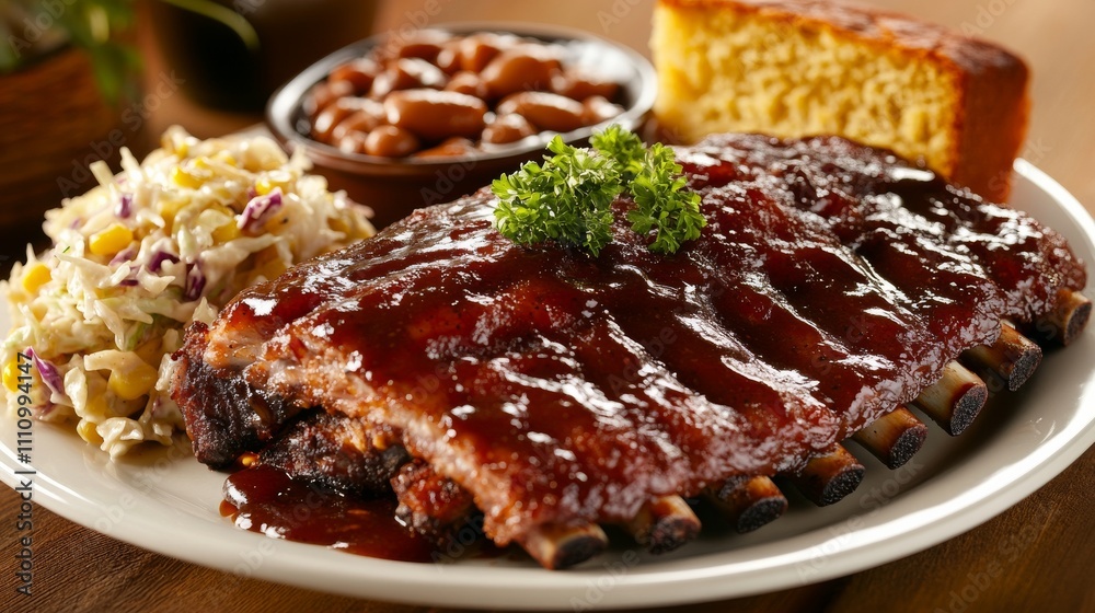 Photo of, A mouthwatering plate of BBQ ribs served with coleslaw and corn on the cob, BBQ ribs arranged on a platter with barbecue sauce brushed on top Photo of, A mouthwatering plate of BBQ ribs served with coleslaw and corn on the cob, BBQ ribs arranged on a platter with barbecue sauce brushed on top