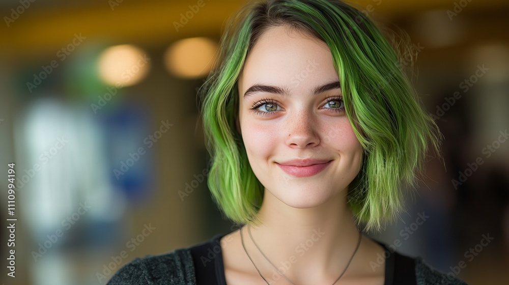 A cheerful young woman with vibrant green hair and bright blue eyes smiles warmly at the camera. A cheerful young woman with vibrant green hair and bright blue eyes smiles warmly at the camera.