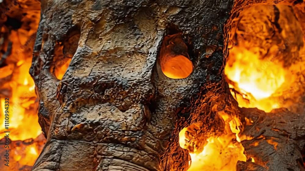Fossil skull of an elephant's head being devoured by fire footage Fossil skull of an elephant's head being devoured by fire footage