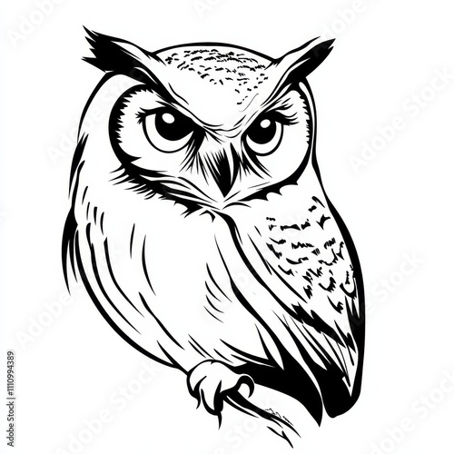 vector colorless black and white outline illustration of a decorative stylized owl
