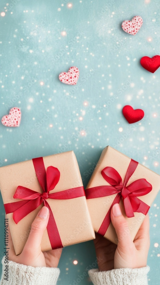 Gift wrapped in heart pattern held by hands with red hearts scattered on blue background