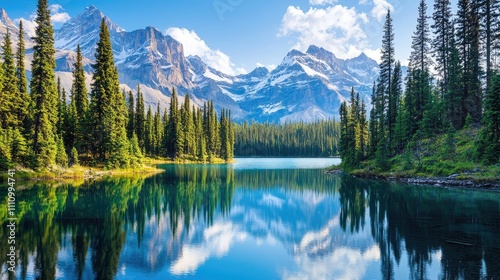 Serene Mountain Landscape with Clear Blue Lake and Majestic Pine Trees Reflecting in the Water Under a Bright Sky with White Clouds