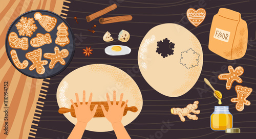 Cooking gingerbread at home on wooden table. Human hands cooking food, ingredients, gingerbread. Vector illustration isolated on white background. Bakery process Kitchenware, cooking utensil