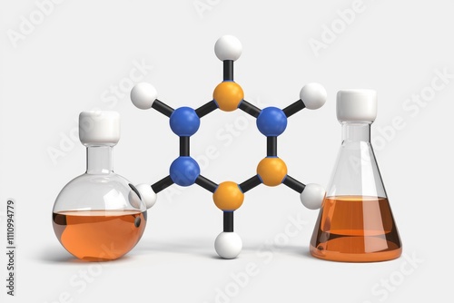 A 3D model of a benzene ring with two flasks containing an orange liquid