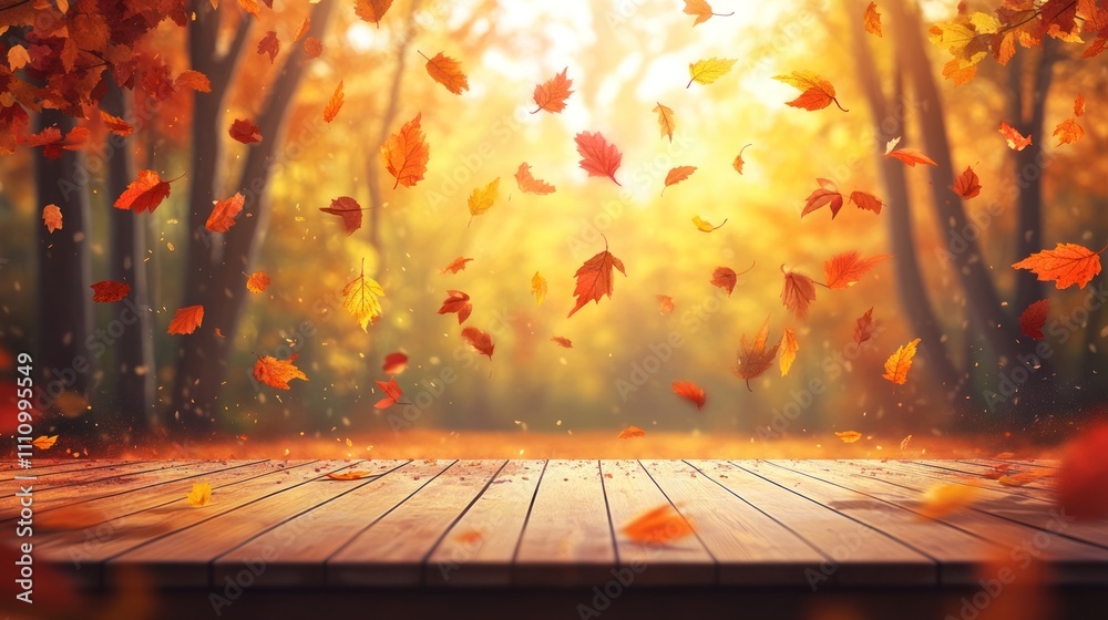 Autumnal Serenity: Falling Leaves and Wooden Deck Autumnal Serenity: Falling Leaves and Wooden Deck