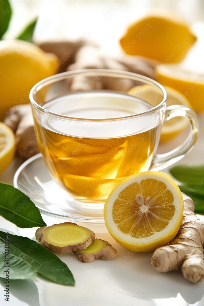 Refreshing ginger lemon tea served in a transparent cup with fresh ingredients nearby Refreshing ginger lemon tea served in a transparent cup with fresh ingredients nearby