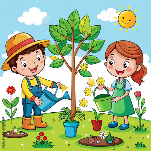 child, illustration, gardening, person, cartoon, boy, smiling, growth, little, happiness, watering, planting, care, clip art, hobby, fun, gardener, female, happy, young, learning, color image, woman, 