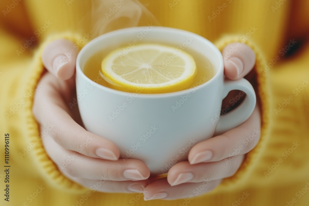Warm drink with lemon held in cozy hands during a cold winter day Warm drink with lemon held in cozy hands during a cold winter day