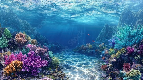 Vibrant Underwater Scene with Lush Coral Reefs, Colorful Marine Life, and Serene Blue Water Illuminated by Sunlight in a Tranquil Ocean Environment photo