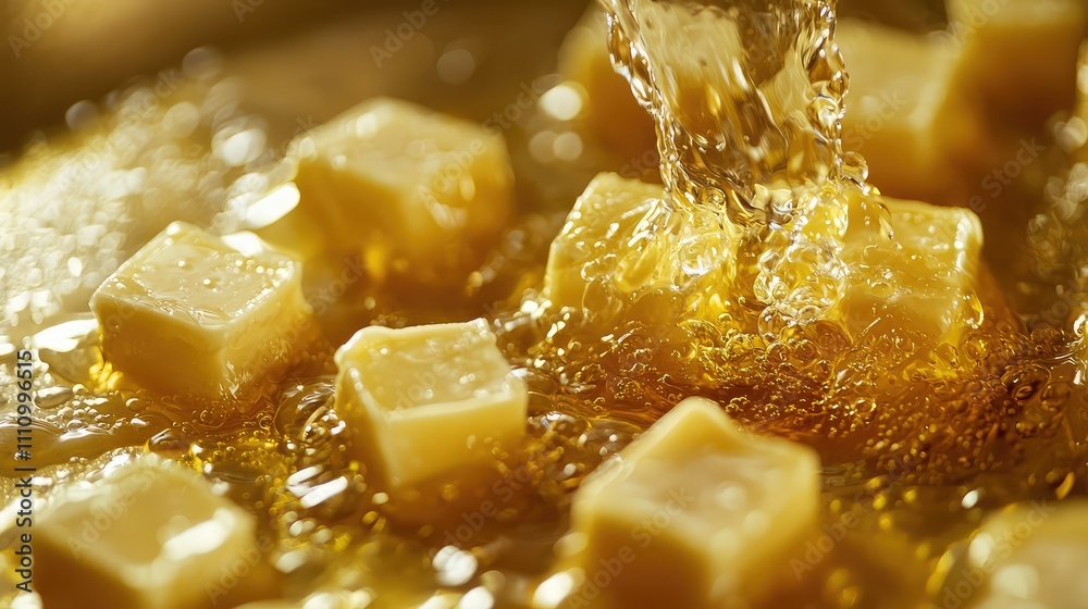 Melting Butter Cubes in Hot Oil, Close-Up View of Cooking Process, Bubbling Texture and Rich Color, Culinary Art in Action for Food Photography Melting Butter Cubes in Hot Oil, Close-Up View of Cooking Process, Bubbling Texture and Rich Color, Culinary Art in Action for Food Photography