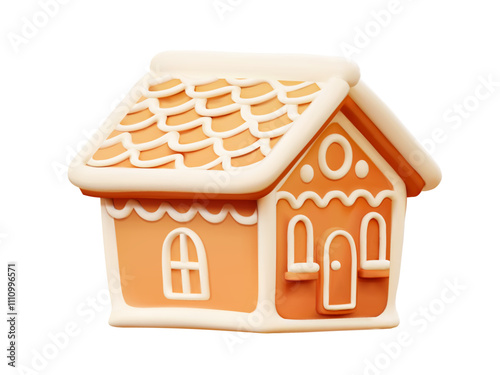 3D illustration of a gingerbread house with white icing and decorative details.