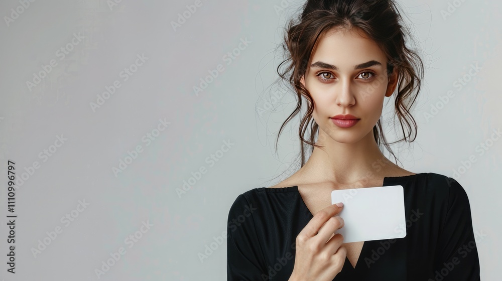 A woman in a formal dress, holding a blank ad card, with a seamless white background enhancing her professional look A woman in a formal dress, holding a blank ad card, with a seamless white background enhancing her professional look