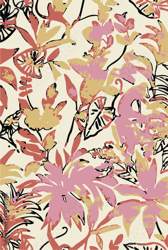 Abstract Big flowers pattern, upscale floral pattern. graphical textures floral, trendy colors pattern , flowers background with leaves. vector illustration.
