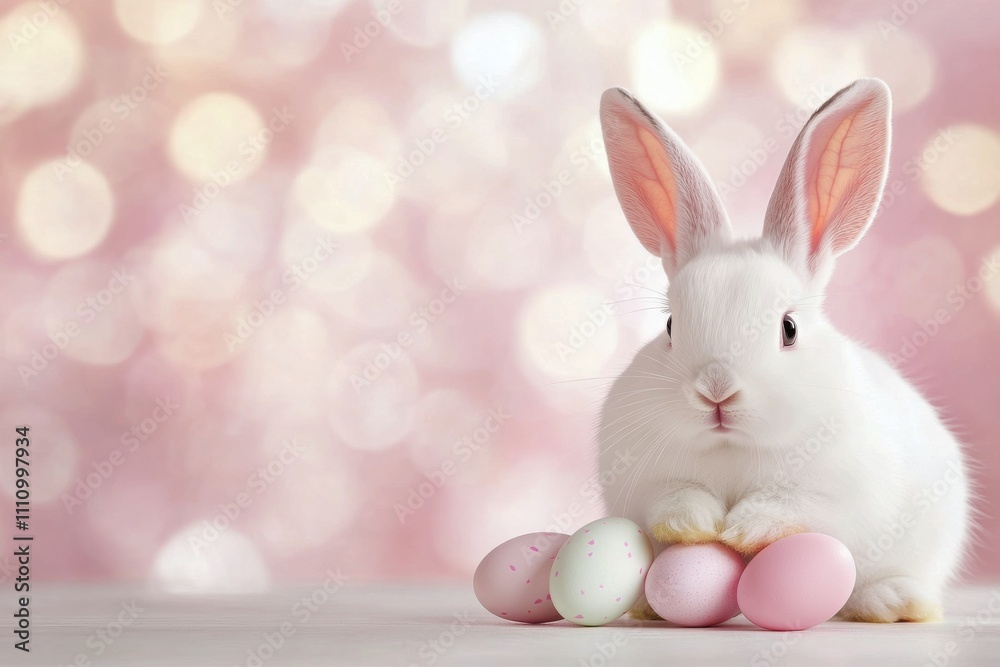 Cute rabbit holding colorful Easter eggs in a soft, blurred background Cute rabbit holding colorful Easter eggs in a soft, blurred background